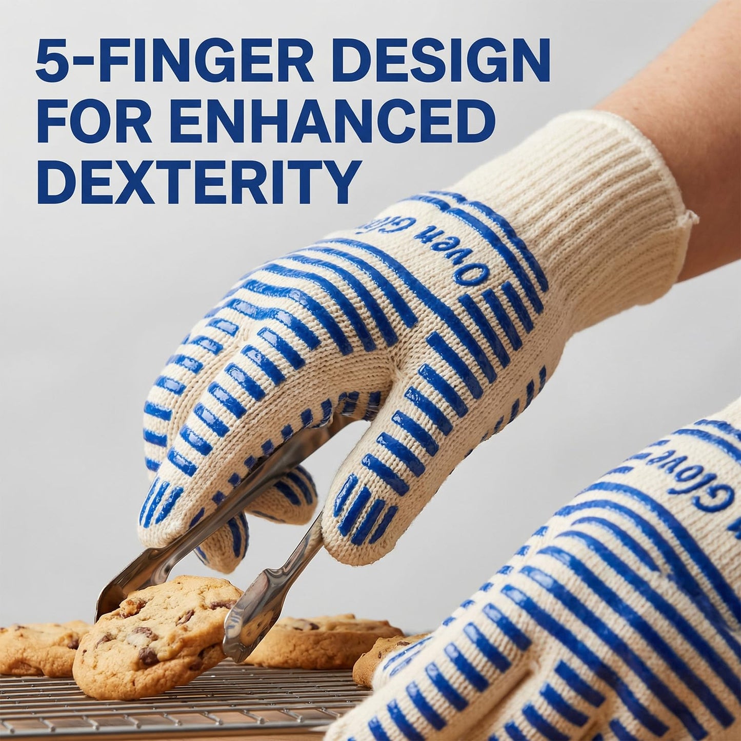 Heat Resistant Oven Gloves - 2 Pack, 540 Degree Professional Grade Oven Mitts with Fingers, Non-Slip Silicone Grip Cooking Gloves for Baking, Grilling, BBQ, Fireplace and Sourdough