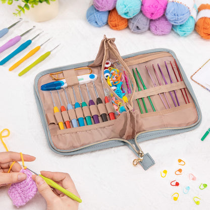MYBAGZING Crochet Hook Case – Empty Organizer with 24 Slots for Crochet Hooks & Ergonomic Aluminum Crochet Needles, Zipper Pocket for Accessories and Supplies