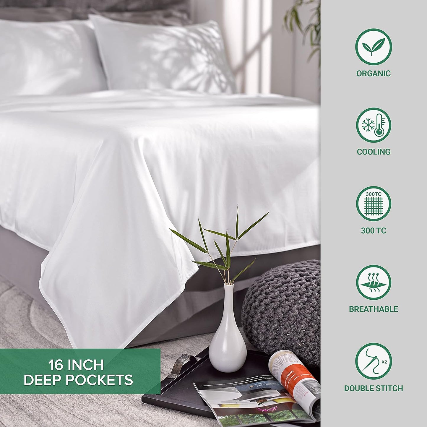 Pure Bamboo Short Queen Sheets - 100% Organic Viscose, Soft & Cooling Bed Set (60"x75") | Sea Glass Color