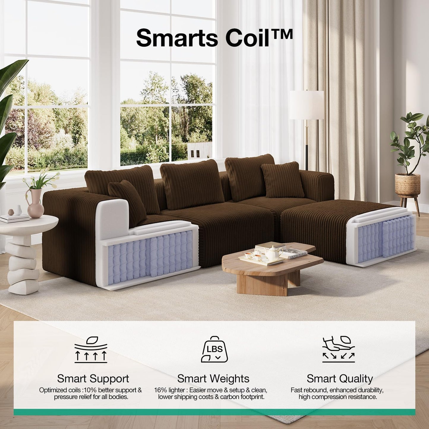 Novilla 106" Modular Sectional Sofa, Modern Cloud Sectional Couch with Smarts Coil® Support, U-Shape Boneless Couch for Living Room Apartments, No Assembly Required, Brown (3 Seat w/ 2 Ottoman)