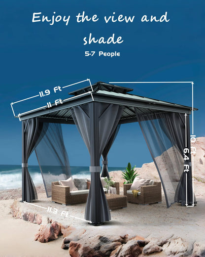 Garvee 12x12Ft Hardtop Gazebo, Double Metal Roof, Heavy Duty Gazebo Canopy for All Weather, with Nettings & Curtains, Aluminum Alloy Frame, Outdoor Gazebos for Patio, Backyard, Deck, Lawn, and Garden