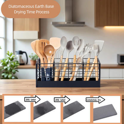 Dual-Use Large Utensil Holder with Effective Bottom Fence for Kitchen Counter & Wall Mount, 4-Compartment Organizer with Diatomaceous Earth Drying Mat, Holds 40 Cooking Tools, Iron, Matte Black 16 in