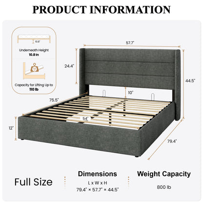 SHA CERLIN Full Size Lift Up Storage Bed/Modern Wingback Headboard/Upholstered Platform Bed Frame/Hydraulic Storage/No Box Spring Needed/Wood Slats Support/Dark Grey