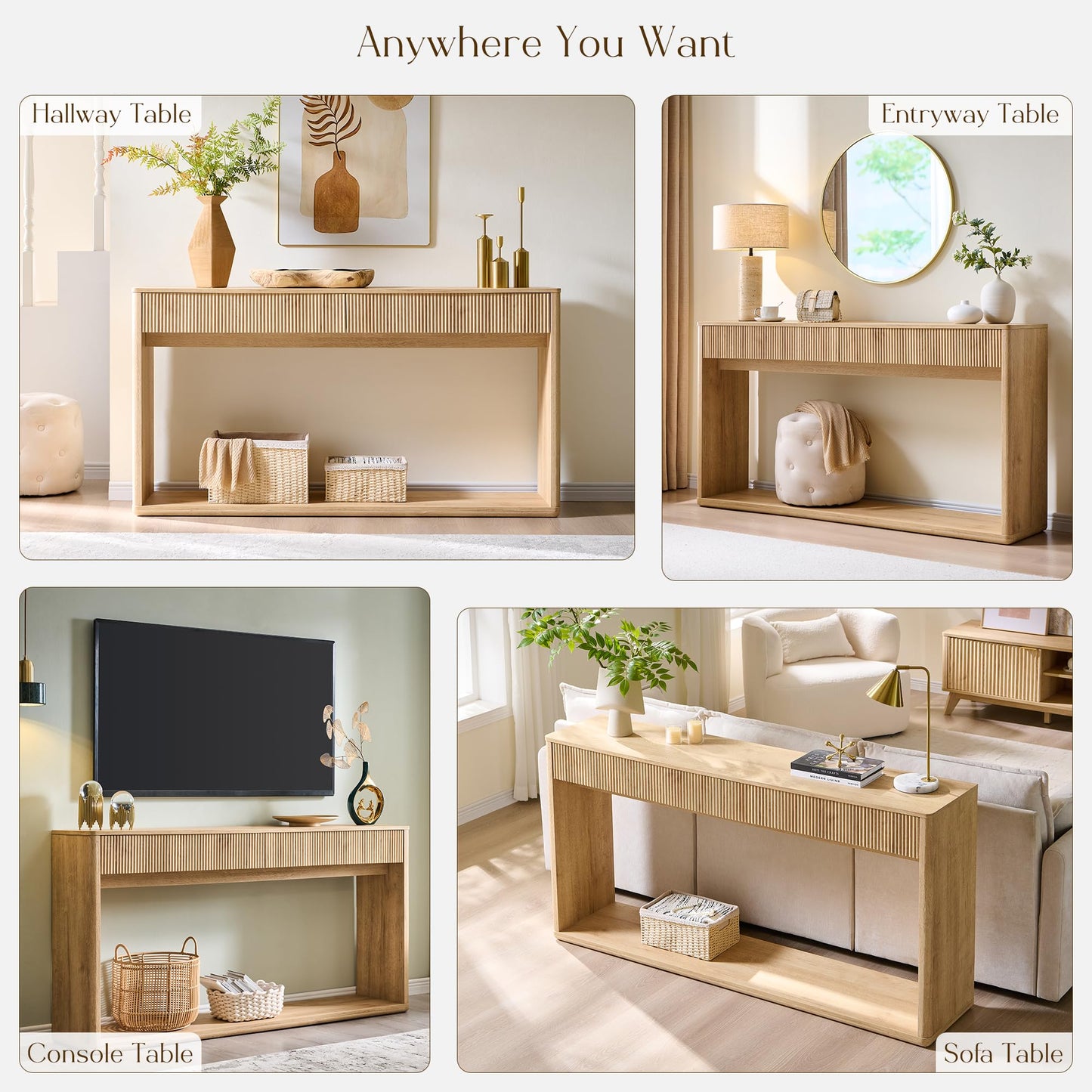 OKD 63" Fluted Console Table for Entryway, Modern Entryway Table with 2 Large Drawers, Long Sofa Table Behind Couch for Living Room, Hallway, Couch, Foyer，Natural Oak