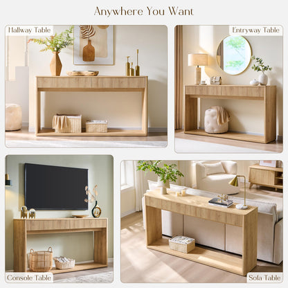 OKD 63" Fluted Console Table for Entryway, Modern Entryway Table with 2 Large Drawers, Long Sofa Table Behind Couch for Living Room, Hallway, Couch, Foyer，Natural Oak