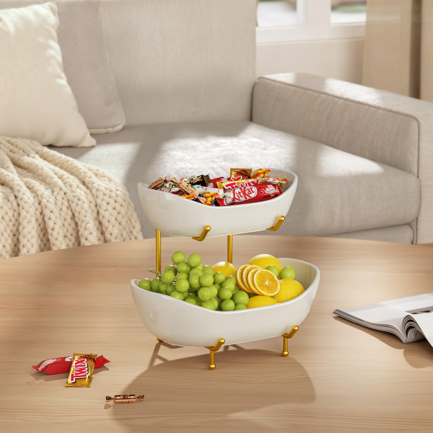Josmimic 2 Tier Ceramic Fruit Bowl for Kitchen Counter – Fruit Basket with Gold Metal Stand, Holder for Snacks, Nuts, Cakes, Desserts, Bread, Candy Storage