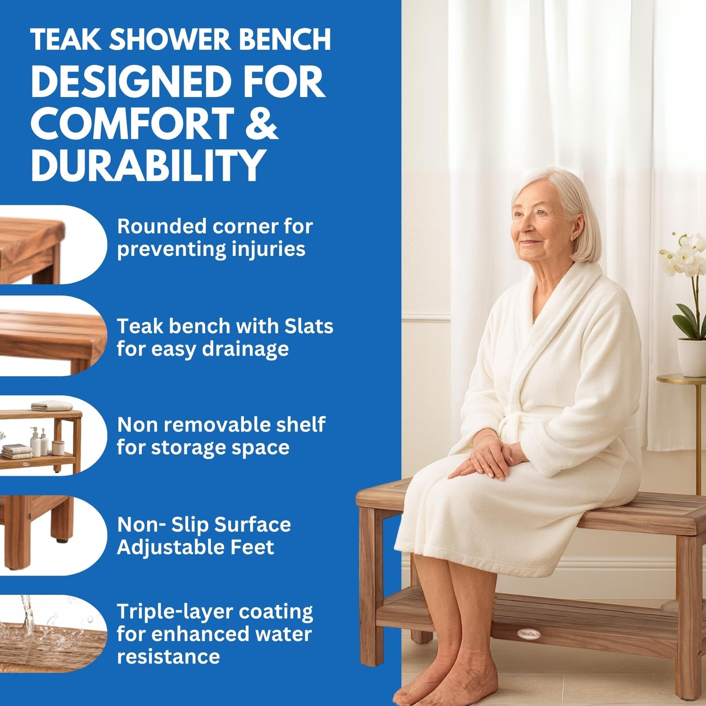 EcoDecors Teak Shower Bench with Large Storage Shelf 36", 300 lb Capacity – Waterproof Bathroom Seat with Non-Slip Feet, Elegant Natural Teak Finish, Ideal for Adults, Seniors, & Spa-Style Bathrooms