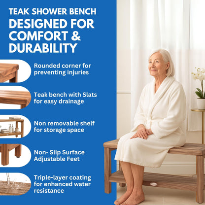 EcoDecors Teak Shower Bench with Large Storage Shelf 36", 300 lb Capacity – Waterproof Bathroom Seat with Non-Slip Feet, Elegant Natural Teak Finish, Ideal for Adults, Seniors, & Spa-Style Bathrooms