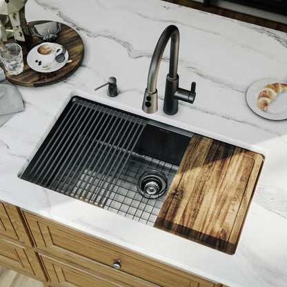Karran Elite 32 Inch Gunmetal Black Workstation Kitchen Sink, 16 Gauge Nano PVD Stainless Steel Undermount Sink, Deep Single Bowl with Grid, Cutting Board, Drying Mat & Strainer