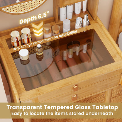 CHARMAID Small Bamboo Vanity Desk with Mirror and Stool, Glass Top Makeup Vanity Table with Storage Drawers, Shelves & Deep Tabletop Groove, Compact Dressing Table for Bedroom Small Spaces, 23.5" W