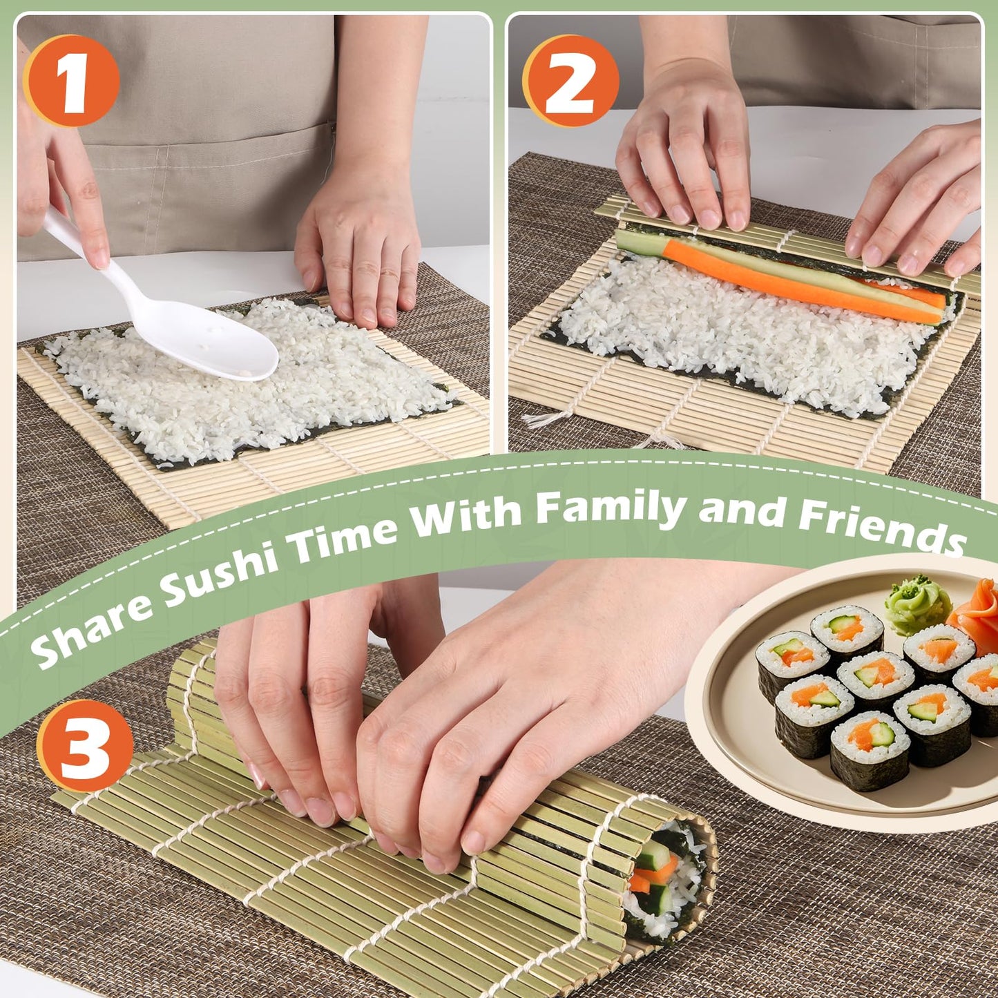 LEQC 10PCS Bamboo Sushi Mat 9.5"x9.5" – Durable Bamboo Sushi Rolling Mat, Tightly-Bound Design for Home Cooking & Professional Sushi Making (Green)