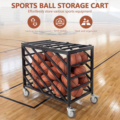 Ball Cart with Wheels Rolling Basketball Rack with Lockable Lid Balls Storage Locker for Volleyball Gym Recess Soccer Playground