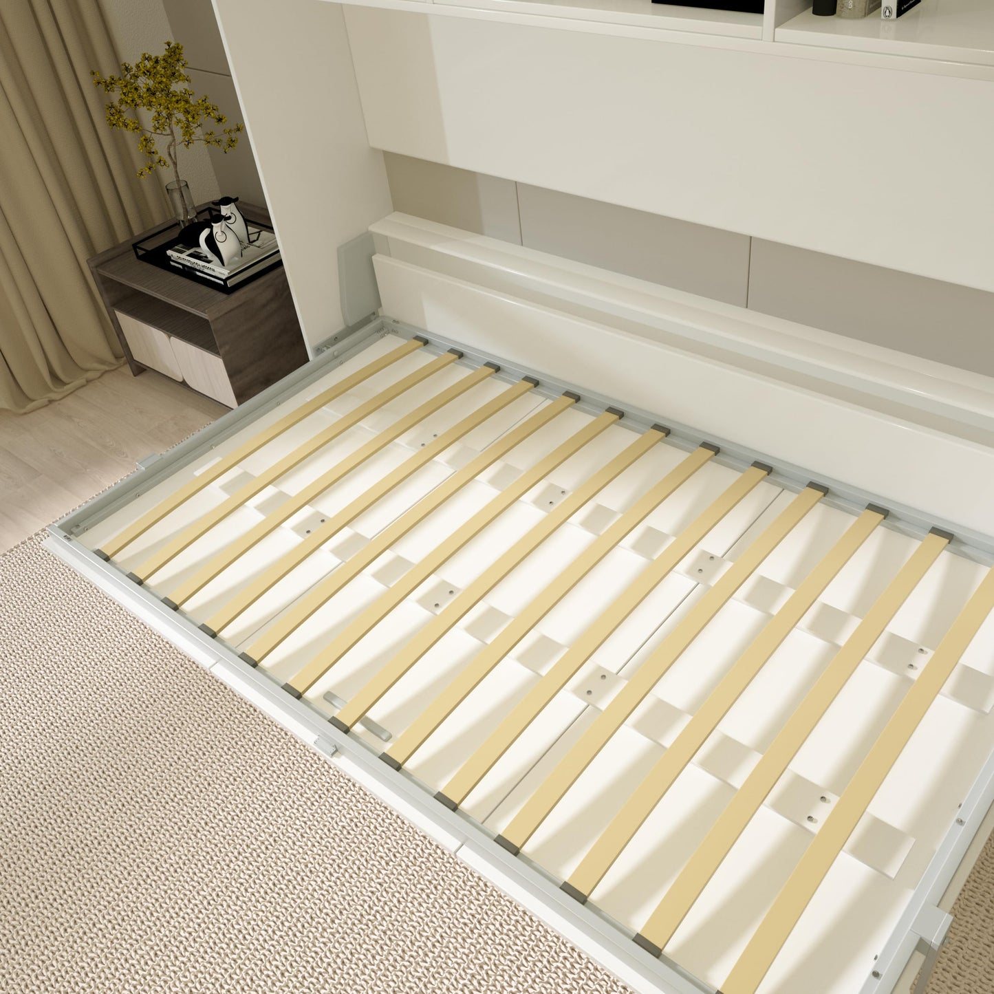 Ball & Cast Horizontal Murphy Bed Twin Size with Shelf Storage,Mordern Design Hideaway Cabinet Wall Bed w Gas Struts,Wood Folding Space-Saving Furniture for Bedroom,Student Dorms,White