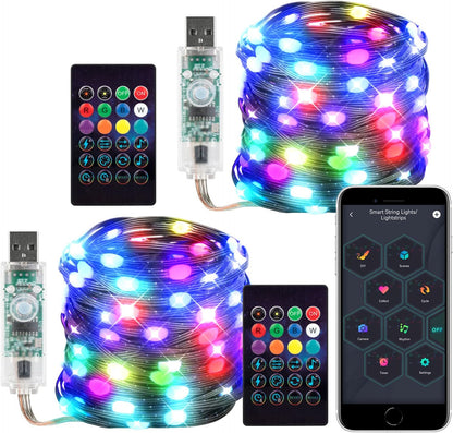 2 Pack WS2812B 33FT IP65 Smart Fairy String Lights USB Bluetooth Twinkle with Timer and Remote, Music Sync Funny Modes