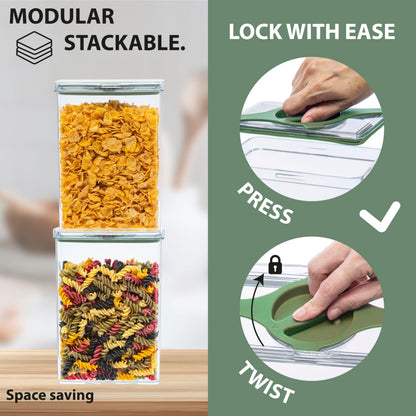 Prestoor 4-Pack Small Pantry Containers, 0.8 QT/0.76 L Clear SAN Food Storage Canisters with Twist-Lock Lids, Stackable for Sugar, Tea Bags, Seasoning, Nuts, Snacks (Green)