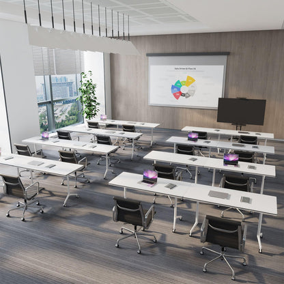 Modular Folding Conference Room Table with Wheels - 4 Pack Flip Top Mobile Training Table,Modern Meeting Tables 2-30 Person,White,55.1"x21.6"x29.5"