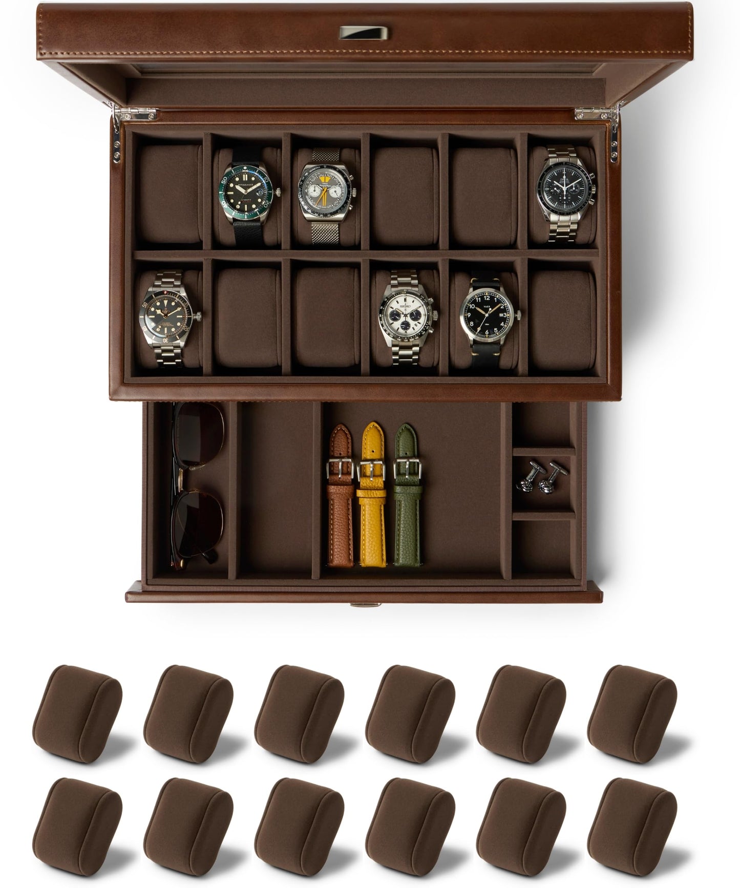 TAWBURY Bayswater 12 Slot Watch Box with Drawer (Brown) with a Set of 12 Small Pillows to Fit 6.6-7.1" Wrists