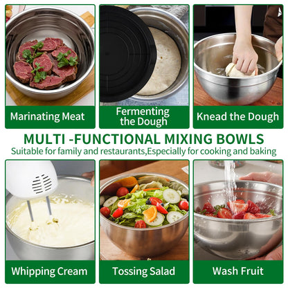 WEPSEN Mixing Bowls Set, 25PCS Stainless Steel Mixing Bowl with Lid Set, Large Nesting Bowls 7, 4.5, 3,2, 1.5QT, Measuring Cups and Spoons Baking Utensils Metal Bowl for Kitchen Prep