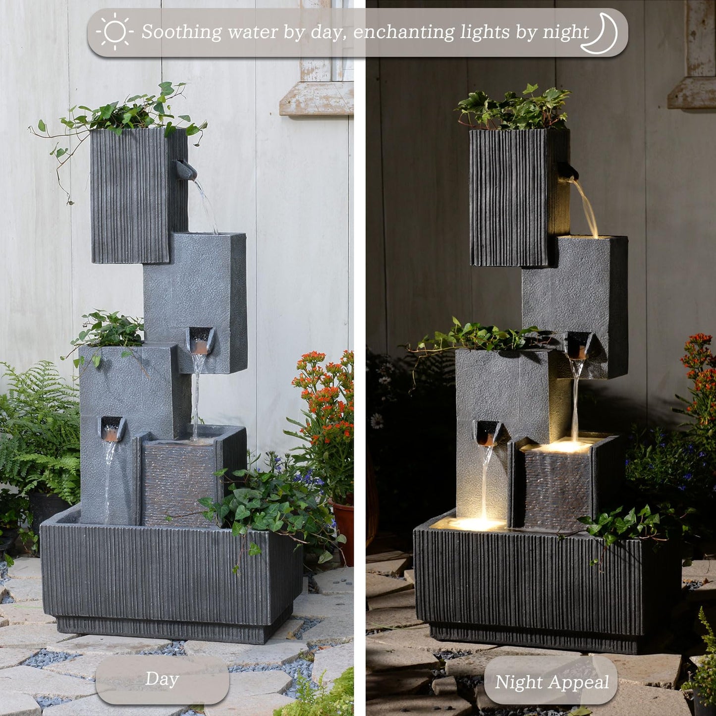 GardesT Outdoor Waterfall Fountain with LED Lights – 41.3" Tiered Resin Garden Fountain for Patio, Yard, or Backyard – Weather-Resistant Design Modern Decor