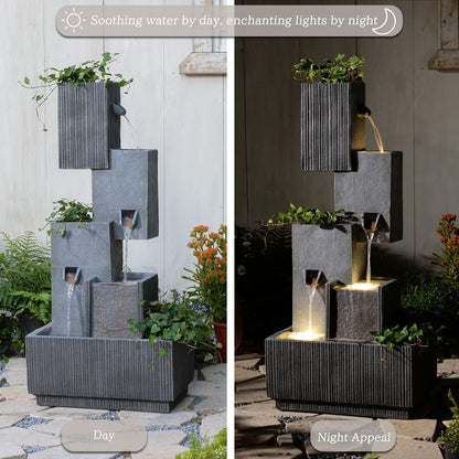 GardesT Outdoor Waterfall Fountain with LED Lights – 41.3" Tiered Resin Garden Fountain for Patio, Yard, or Backyard – Weather-Resistant Design Modern Decor