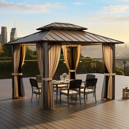 PAMAPIC 10x12FT Hardtop Gazebo,Galvanized Steel Double Roof with Aluminum Frame,Outdoor Permanent Pavilion with Breathable Netting & Privacy Curtain for Patio,Backyard,Deck,Lawn,Brown