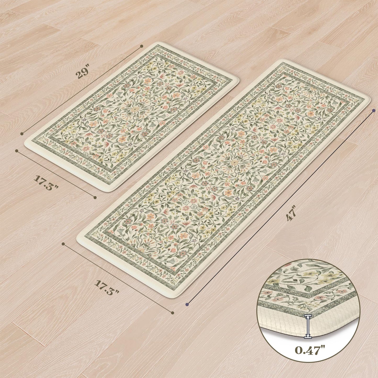 KIMODE Anti Fatigue Kitchen Mats for Floor, Boho Floral Kitchen Rugs Sets of 2, Cushioned Kitchen Floor Mats Non Slip, Comfort Spring Rugs for Kitchen Floor Sink Laundry Desk Beige 17.3"x29"+17.3"x47"