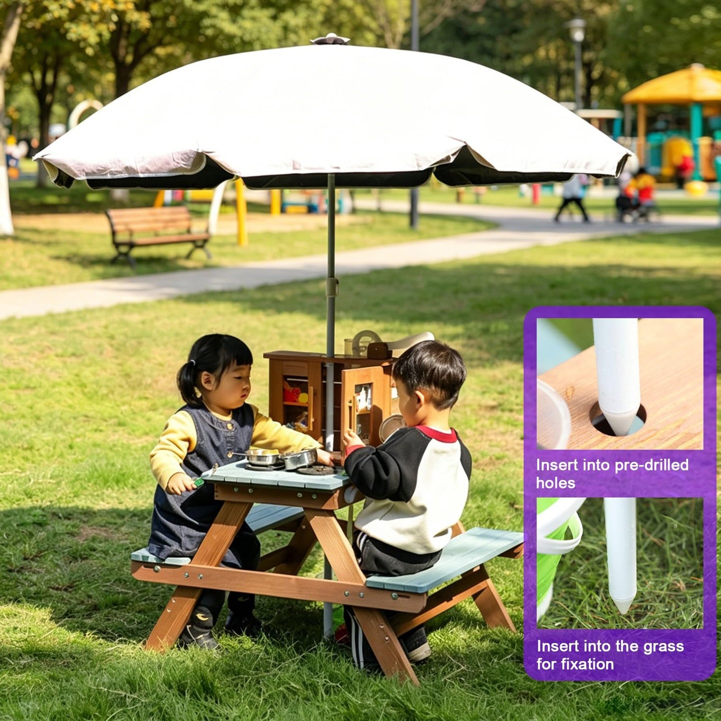 Kids Wooden Picnic Table with Water Table & Play Kitchen, 2-in-1 Outdoor Sand & Water Table with Ramp, Toddler Picnic Table for Backyard, Patio, Garden