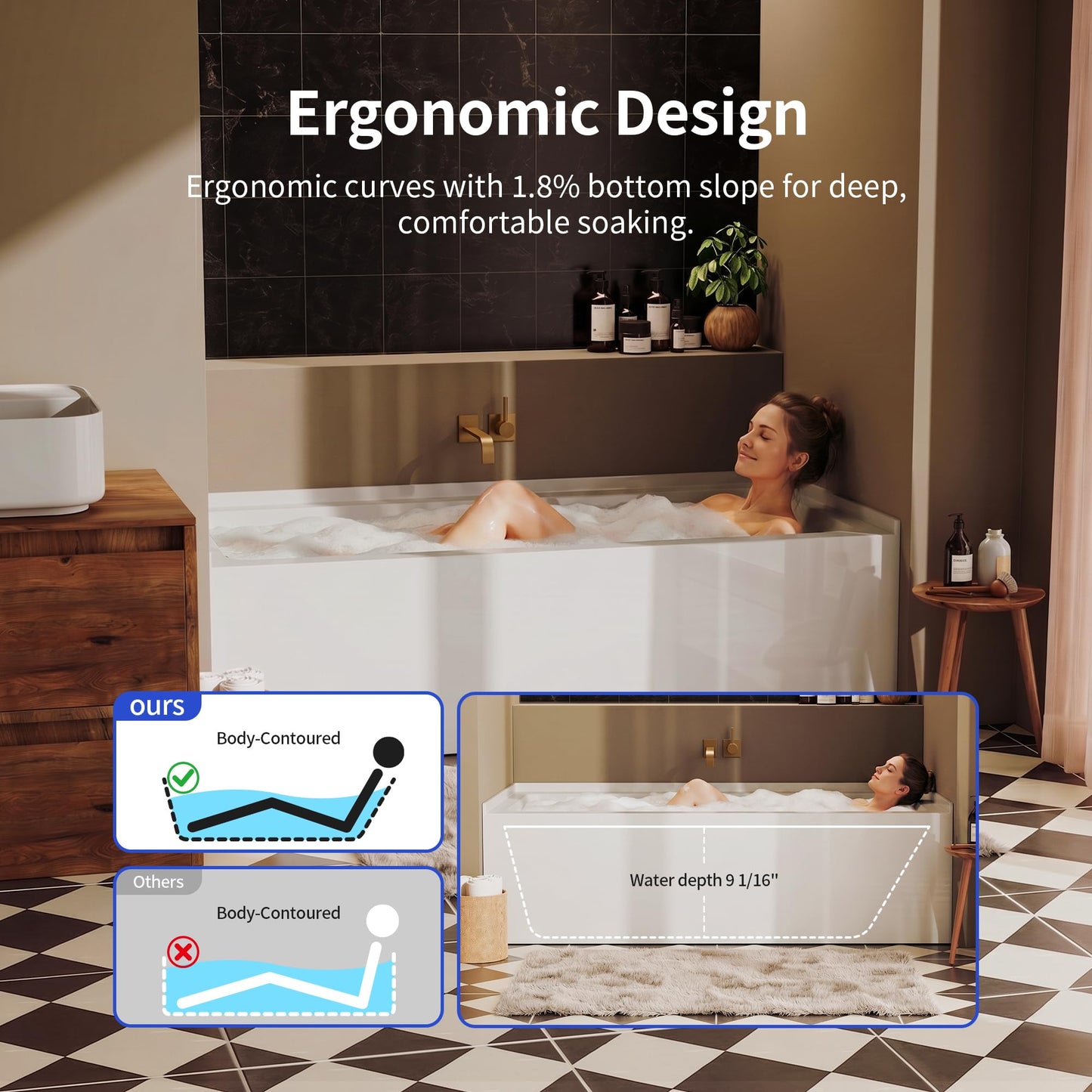DeerValley 60" x 30" Alcove Acrylic Bathtub, Left Drain Integrated Apron Soaking Bath Tub, Ergonomic Deep Soak Tub with Pop-Up Drain and Integrated Overflow System, White, DV-1T0195L