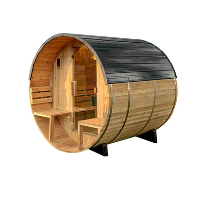Backyard Discovery Paxton 2-4 Person Traditional Cedar Outdoor Barrel Sauna with Electric Sauna Heater, Front Porch, Sauna Rocks, Dry Heat, Steam Sauna, LED Lights, Wi-Fi Panel, Sauna Accessories