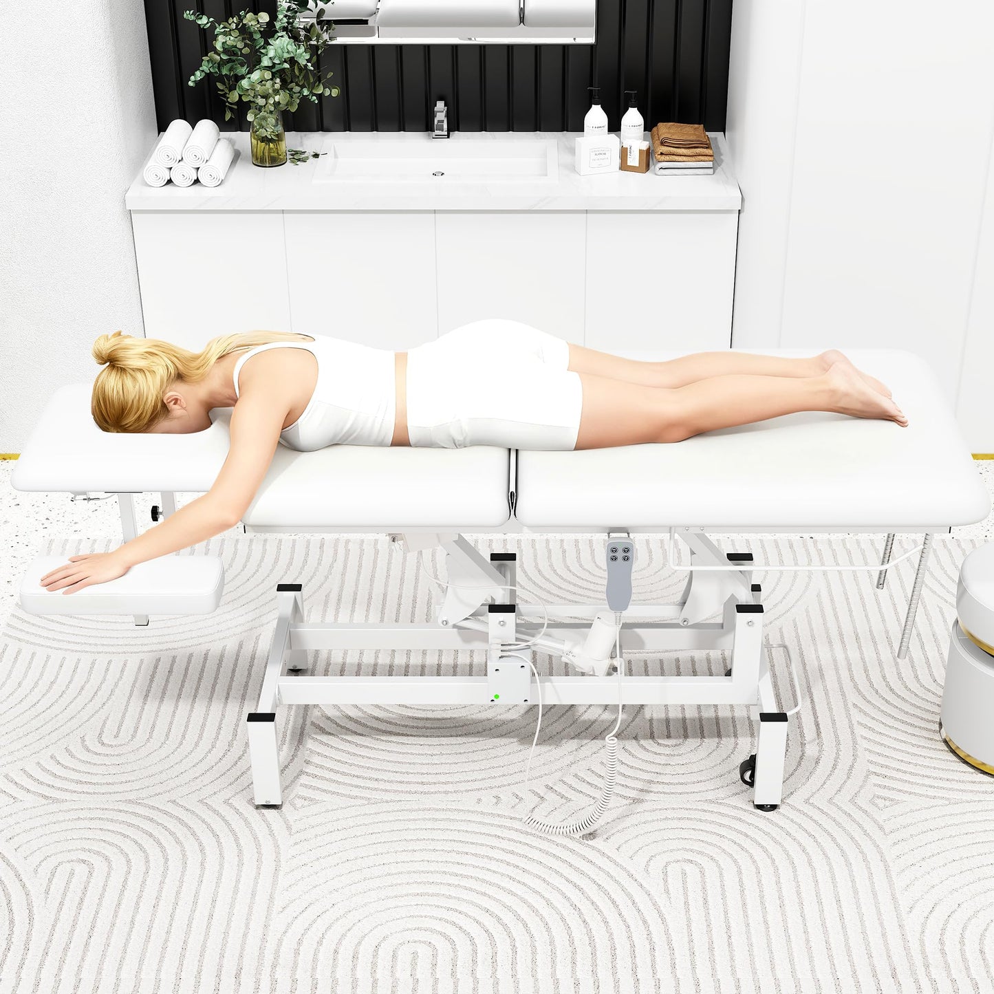 Dolonm 2 Motors Electric Massage Table, Hydraulic Electric Lift Adjustable Waist and Height Lifting Functions for Treatment, Physical Therapy, Spinal Massage, Facial Spa, Waxing, Tattooing - White