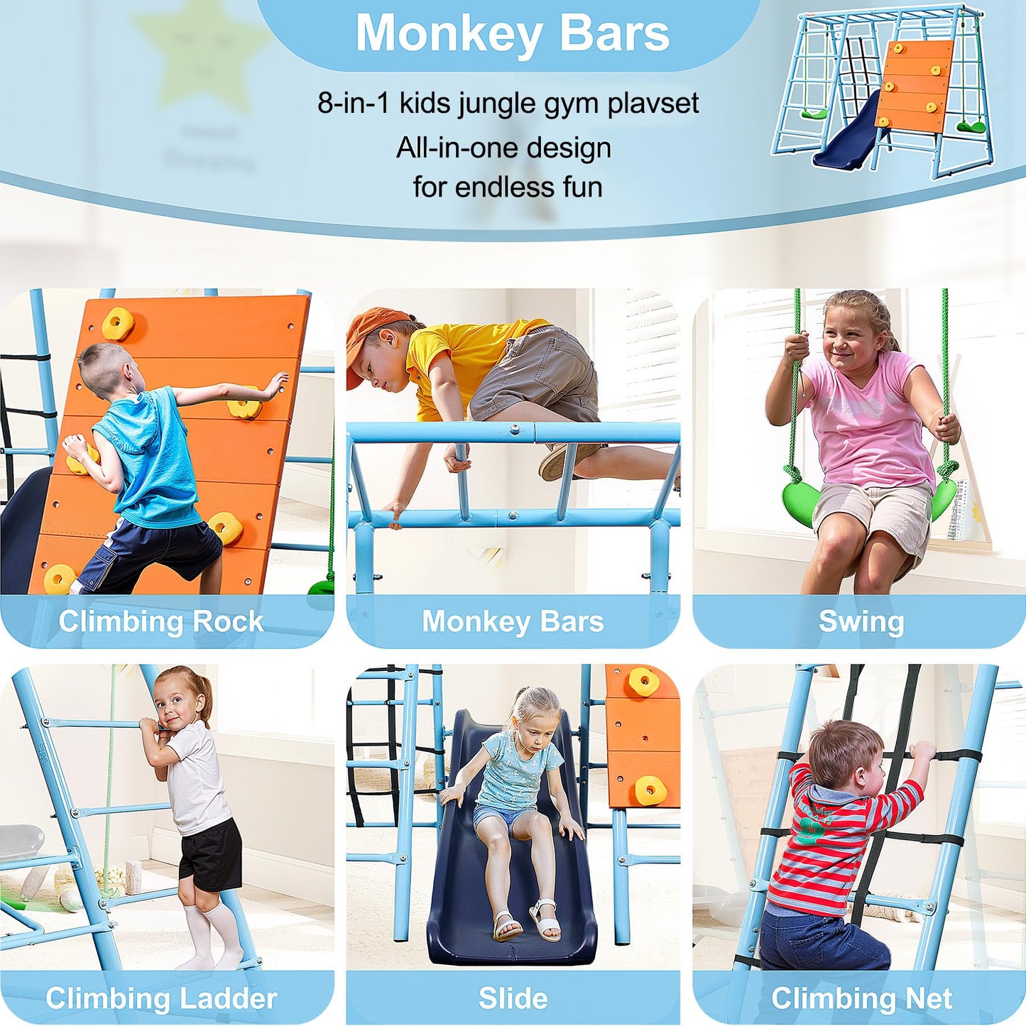 YuAnWe 6 in 1 Indoor Playground, Metal Jungle Gym with Climbing Wall, Slide, Monkey Bars, Rope Ladders and Two Swings, Playset for Kids Ages 3-12