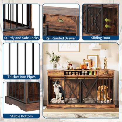 Garvee Double Dog Crate with Removable Divider, 63'' Extra Large Dog Cage Furniture with Sliding Doors & 2 Drawers, Multifunctional Indoor Pet House TV Stand for 2 Pets