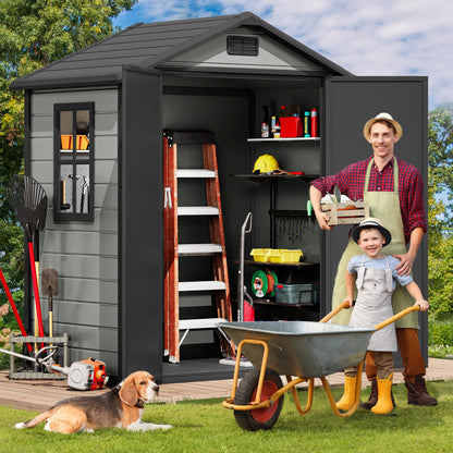 DWVO 6x4 FT Outdoor Storage Shed with Reinforced Floor, Resin Storage Shed with Lockable Door, Window and Vents, Waterproof Plastic Tool Shed for Garden Patio Backyard