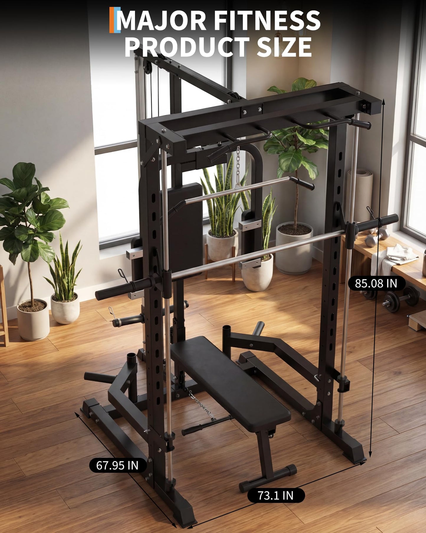 Garvee Smith Machine with Bench, Heavy Duty Power Cage Squat Rack with Smith Bar, LAT Pulldown System, Chest Station & More Training Attachment, Home Gym Equipment for Strengthen Training
