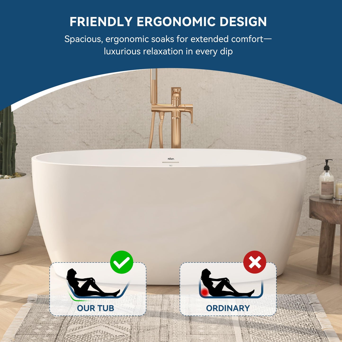 FerdY Tahiti 55" Acrylic Freestanding Bathtub, Elegant Oval Shape Soaking Bathtub, Glossy White, Brushed Nickel Drain & Integrated Slotted Overflow Assembly Included cUPC Certified