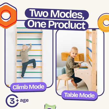 ComfyBumpy Wooden Swedish Ladder Climbing Wall Set with Convertible Play Table – Premium Montessori Indoor Climbing Gym for Kids, Space-Saving Wall Playground that Transforms into a Creative Activity