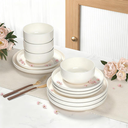 Plates and Bowls Sets, Dinnerware Sets for 4, 12 Pieces Scratch Resistant Dishware Dishes Set, Ceramic Kitchen Dinner Set, Porcelain & Microwave and Dishwasher Safe, Cream White
