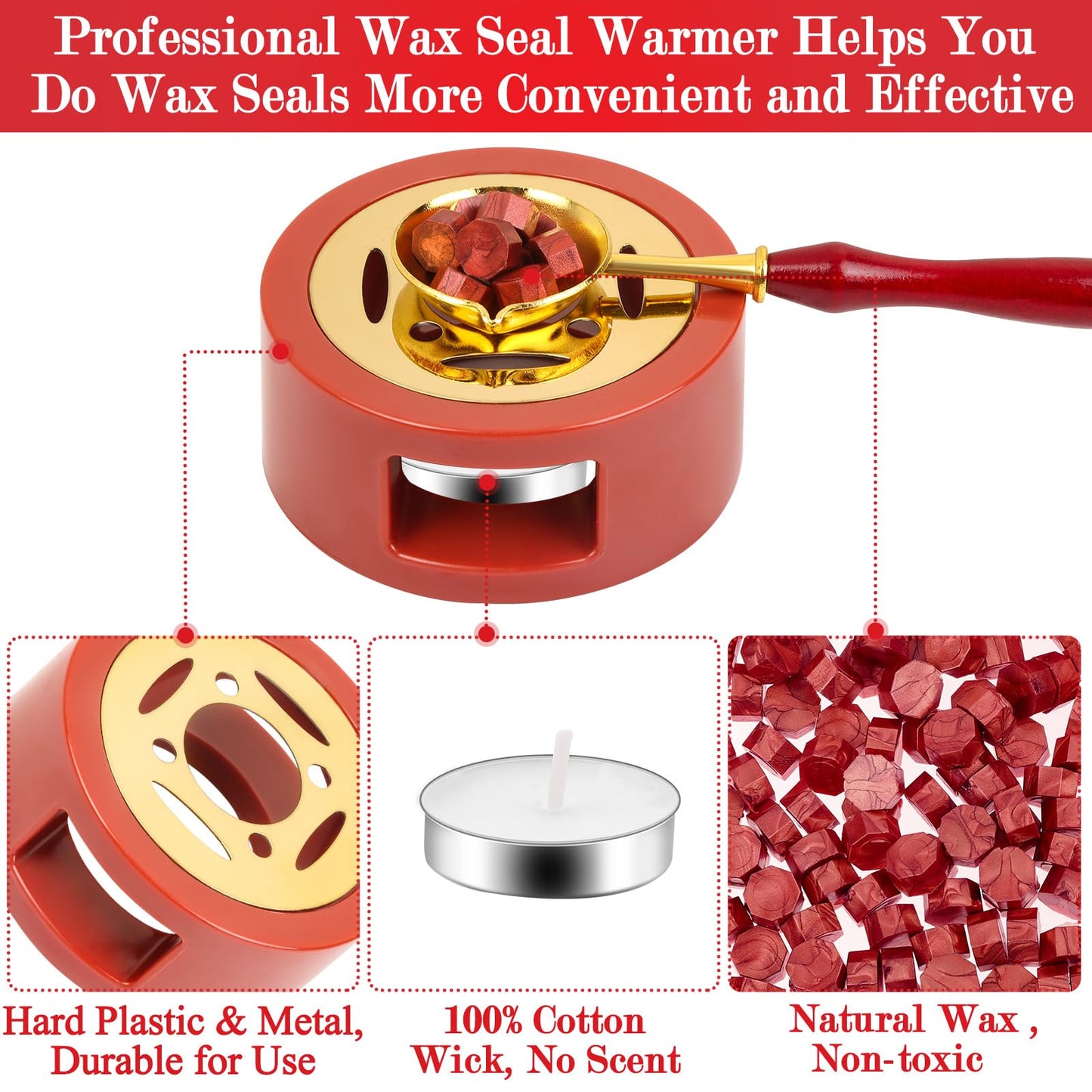 Red Wax for Letters Stamp Seals, Paxcoo 312pcs Stamp Wax Kit with Red Wax Seal Beads, Wax Seal Warmer, Wax Spoon and Tealight Candles for Wax Envelopes Mail and Wedding Invitations