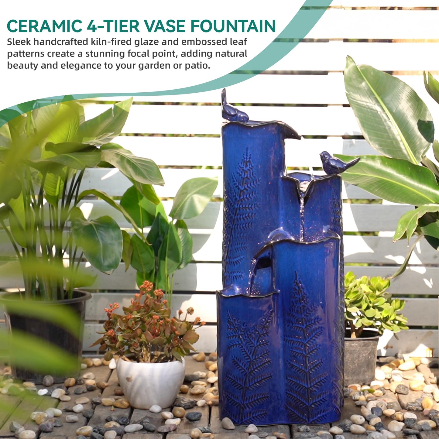 Autodaya 32" H Ceramic Outdoor Water Fountain with LED Lights, 4-Tier Vase Outdoor Fountain, Cobalt Blue Glaze, Embossed Fern Pattern, Cascading Waterfall for Tranquil Garden, Patio, or Porch