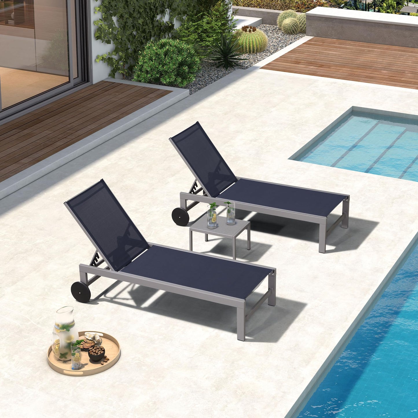PURPLE LEAF Outdoor Lounge Chair Set for 2 Patio Chaise Lounger with Aluminum Frame and Easy-to-Move Wheels All-Weather Pool Lounge Chairs for Outside Garden Yard Poolside Table Included, Navy Blue