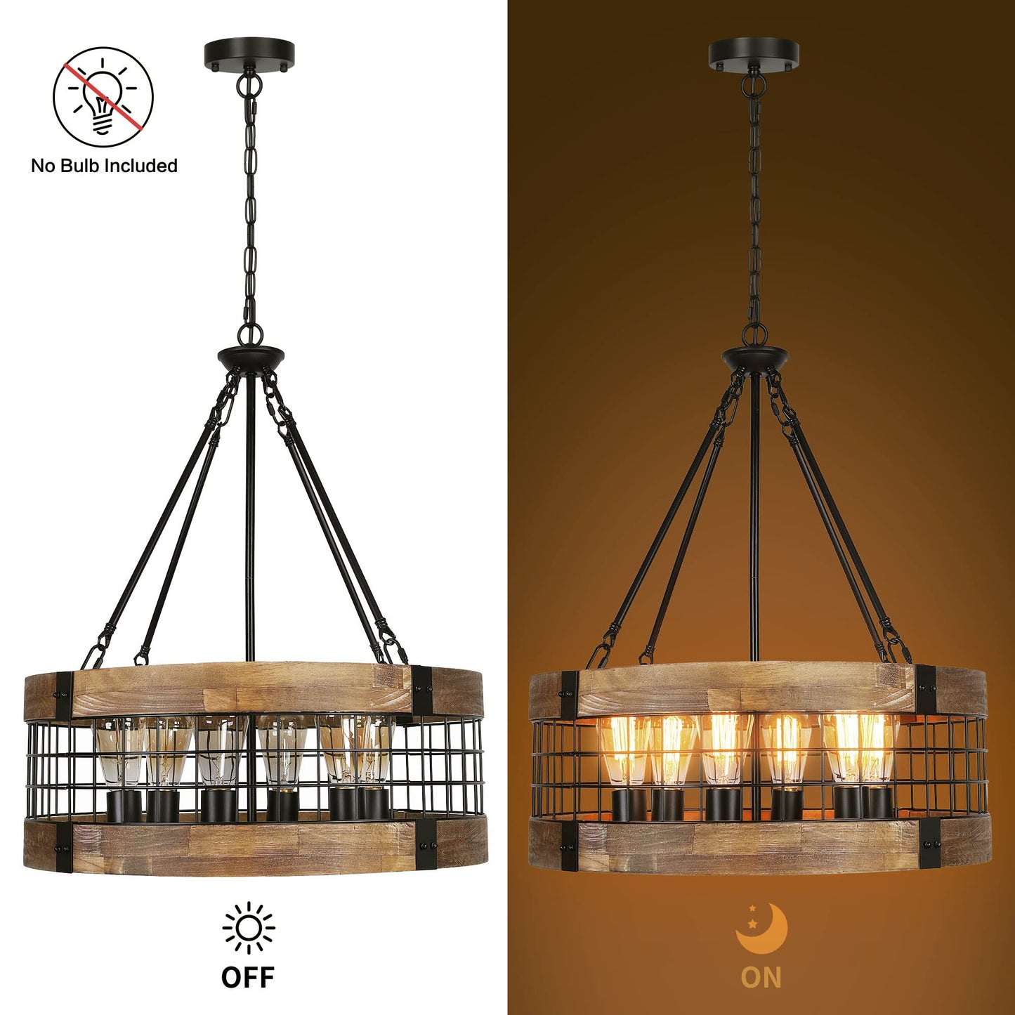 ACNKTZ 6-Light Farmhouse Chandelier for Entryway, Rustic Dining Room Light Fixtures, Industrial Drum Hanging Lighting for Kitchen Island Foyer, Black Wood and Black Metal Finish