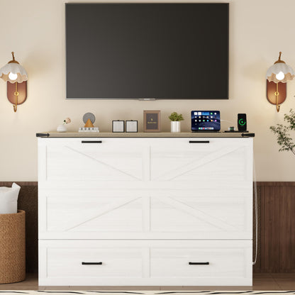 Ball & Cast Murphy Bed Queen,Farmhouse Hideaway Cabinet Bed with Charging Station and Large Storage Drawer,Foldable Wall Murphy Beds w/Slat Support,Space-Saving Furniture for Study,Office,White