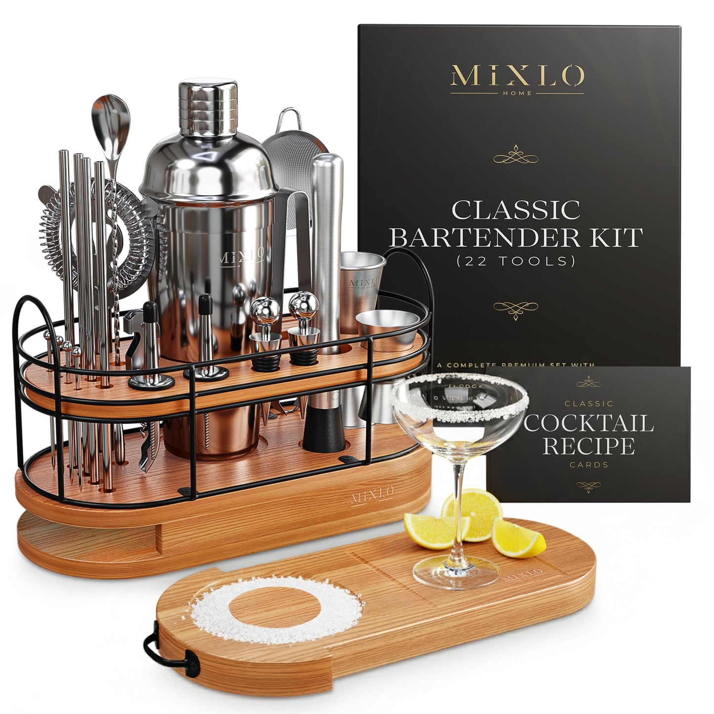 MIXLO HOME Mixology Bartender Kit - 22Pcs Bar Set Cocktail Shaker Set w Brown Bar Cart Accessories Stand - Shakers Bartending Silver Tools, 24oz Shaker, 17 Recipe Cards, Martini Barware