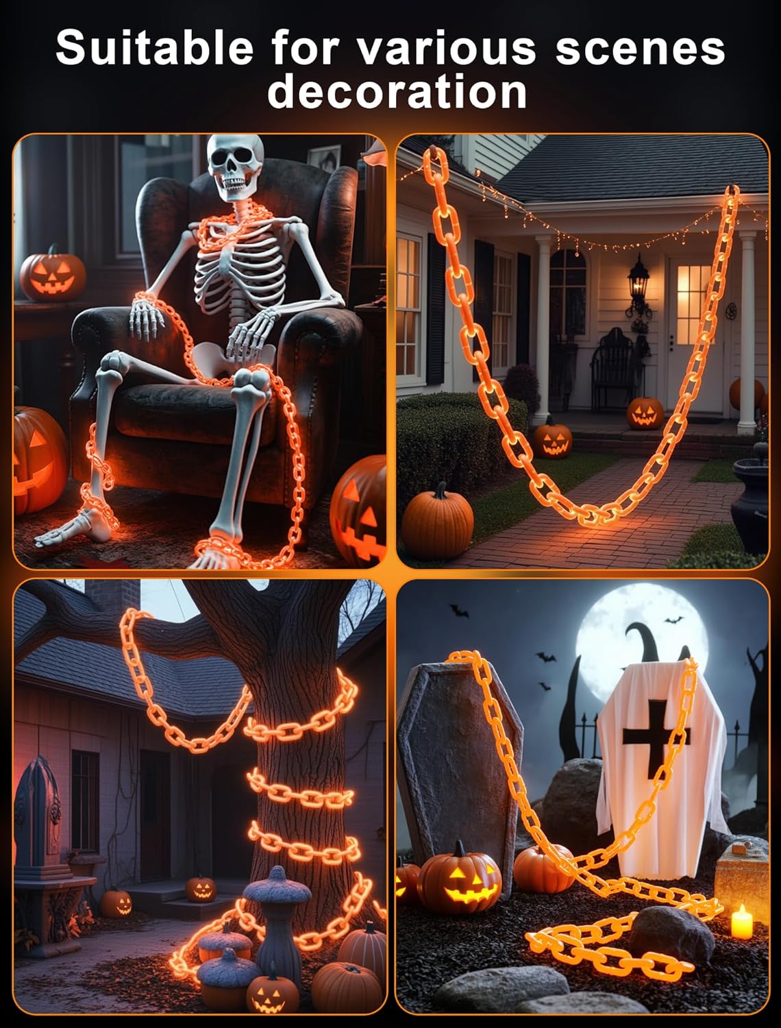 Lights,10.5 175LED Halloween Chain String FT Plastic Chain Orange Light Battery Operated with Memory Timer,Waterproof