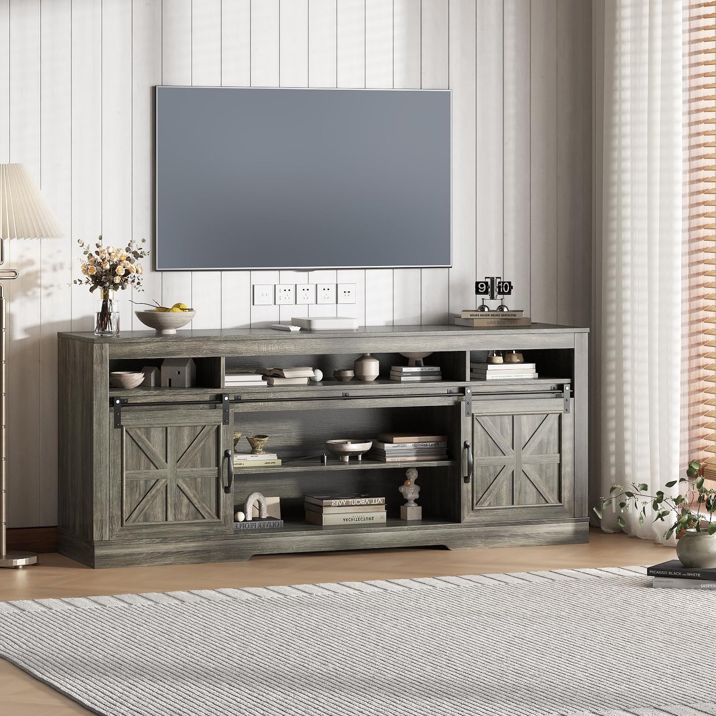 IDEALHOUSE Farmhouse TV Stand for 75 Inch TV, Entertainment Center with Storage Cabinets and Sliding Barn Doors, Media TV Console Table for Living Room Bedroom (27.6" H Oak)