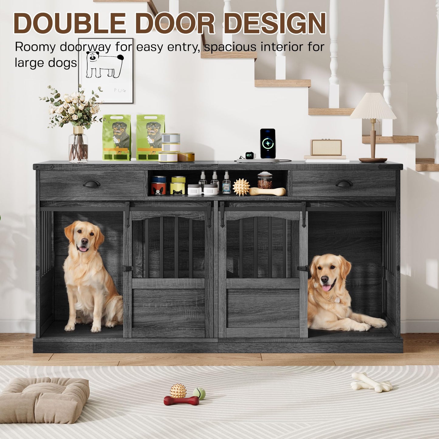 Homiflex 72" Double Dog Crate Furniture with Storage for 2 Medium Large Dogs Farmhouse Wooden Dog Kennel Furniture with 2 Sliding Doors Divider & Power Outlet Decorative Dog Cage TV Stand Grey