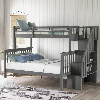 Stairway Bunk Beds Twin Over Full with 4-Step Stairs and Under-Step Storage Shelves, Gray