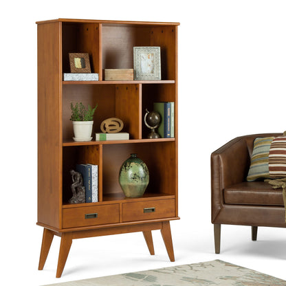 SIMPLIHOME Draper Bookcase - 64 inch Tall Solid Wood Wide Storage Bookshelf in Teak Brown, Mid-Century Modern Storage for Living Room, Study Room or Office with Adjustable Shelves and Tapered Legs