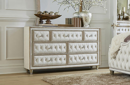 Coaster Home Furnishings - Antonella - Engineered Wood - 7-Drawer Upholstered Dresser with Modern Classic Style, Button-Tufted Details, Faux Crystal Accents - Bedroom - Ivory and Camel - 223523