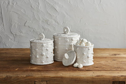 Mud Pie Woven Ceramic Canister Set; Small 5 3/4" x 4 1/2" Dia | Medium 6 3/4" x 5 1/2" Dia | Large 7 3/4" x 6 1/2" Dia